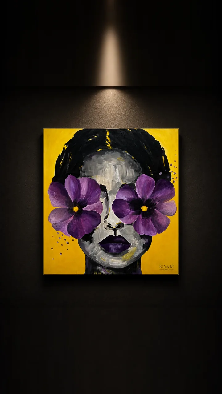 Bold painting by Kiyari — woman's face with vibrant purple florals on golden yellow